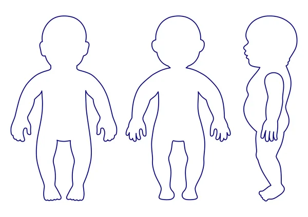 Longitud total frontal, lateral, vista trasera de pie, bebé acostado delineado — Archivo Imágenes Vectoriales