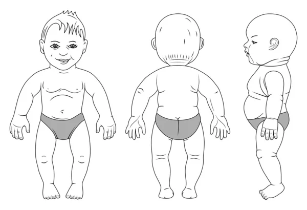 Longitud total frontal, lateral, vista trasera de pie, bebé acostado — Archivo Imágenes Vectoriales