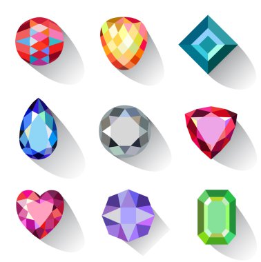 Flat style long shadow colored gems cuts icons clipart
