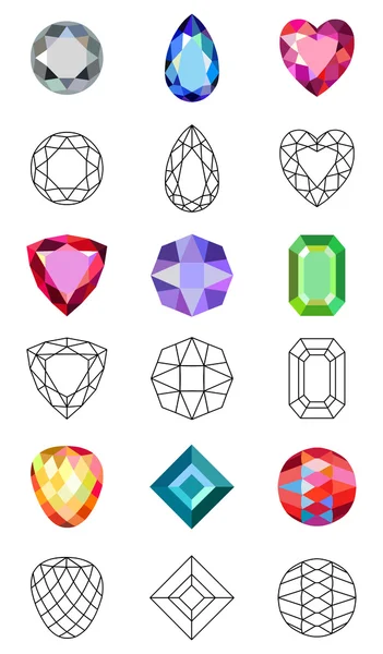 Low poly colored & black outline template gems cuts — Stock Vector