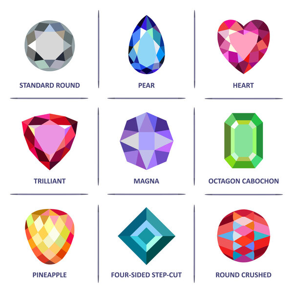 Low poly popular colored gems cuts infographics