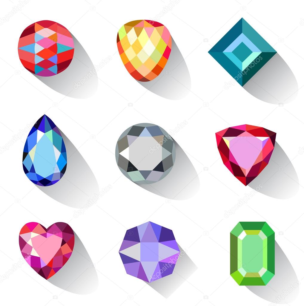 Flat style long shadow colored gems cuts icons