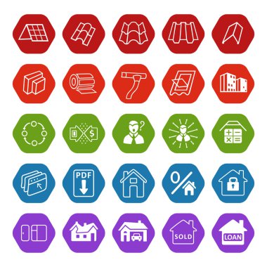 Satılık binalar malzemeleri (çatı, cephe) Icons set site