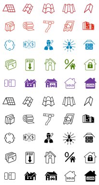 Satılık binalar malzemeleri (çatı, cephe) Icons set site