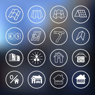 Satılık binalar malzemeleri (çatı, cephe) Icons set site