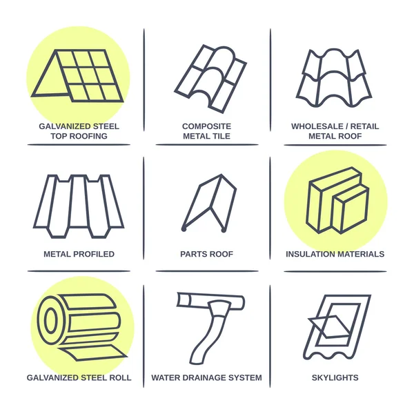 Gebouwen verkooppuntmaterialen (dak, gevel) site pictogrammen infographics — Stockvector