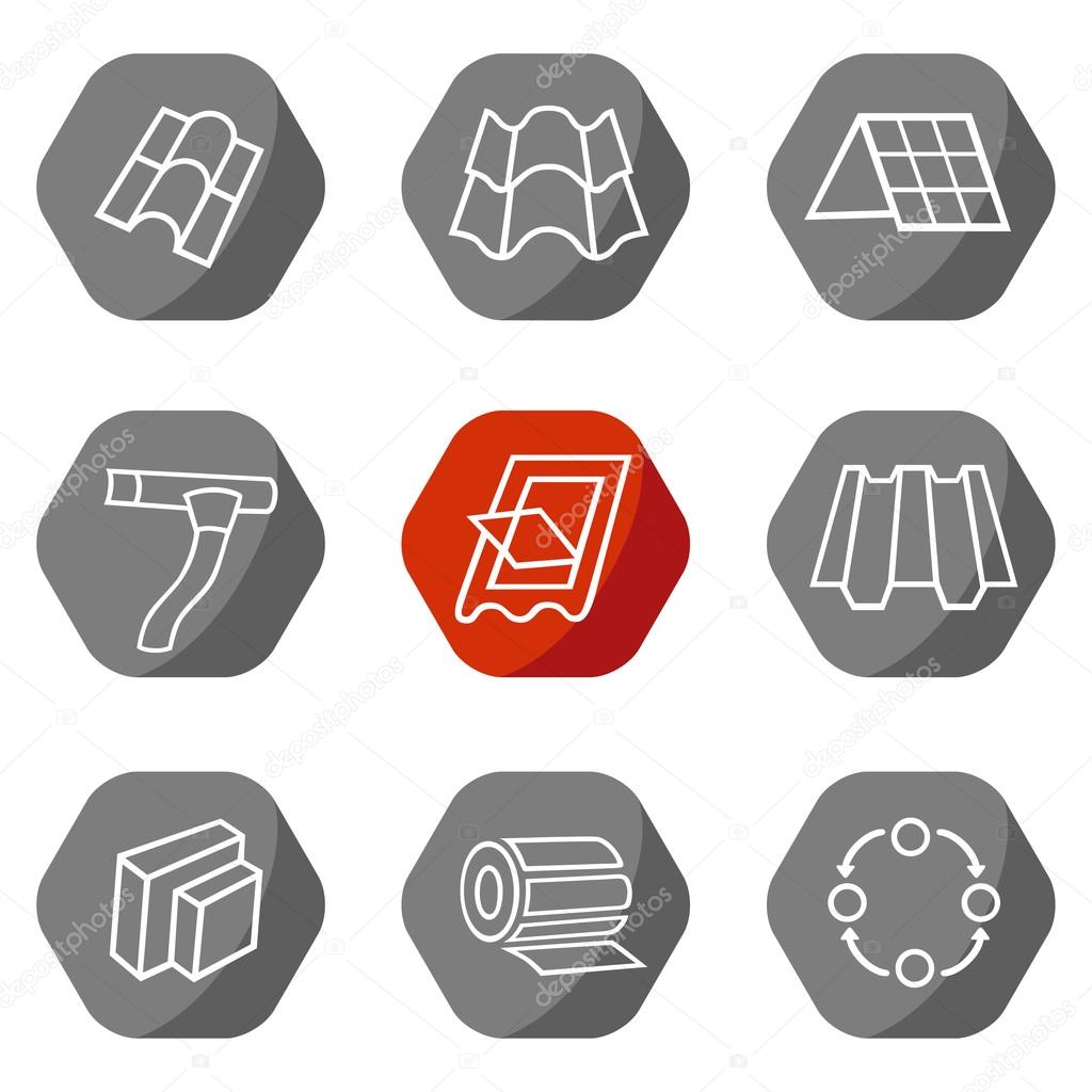 Sale buildings materials (roof, facade) site icons set isolated on white background, vector illustration