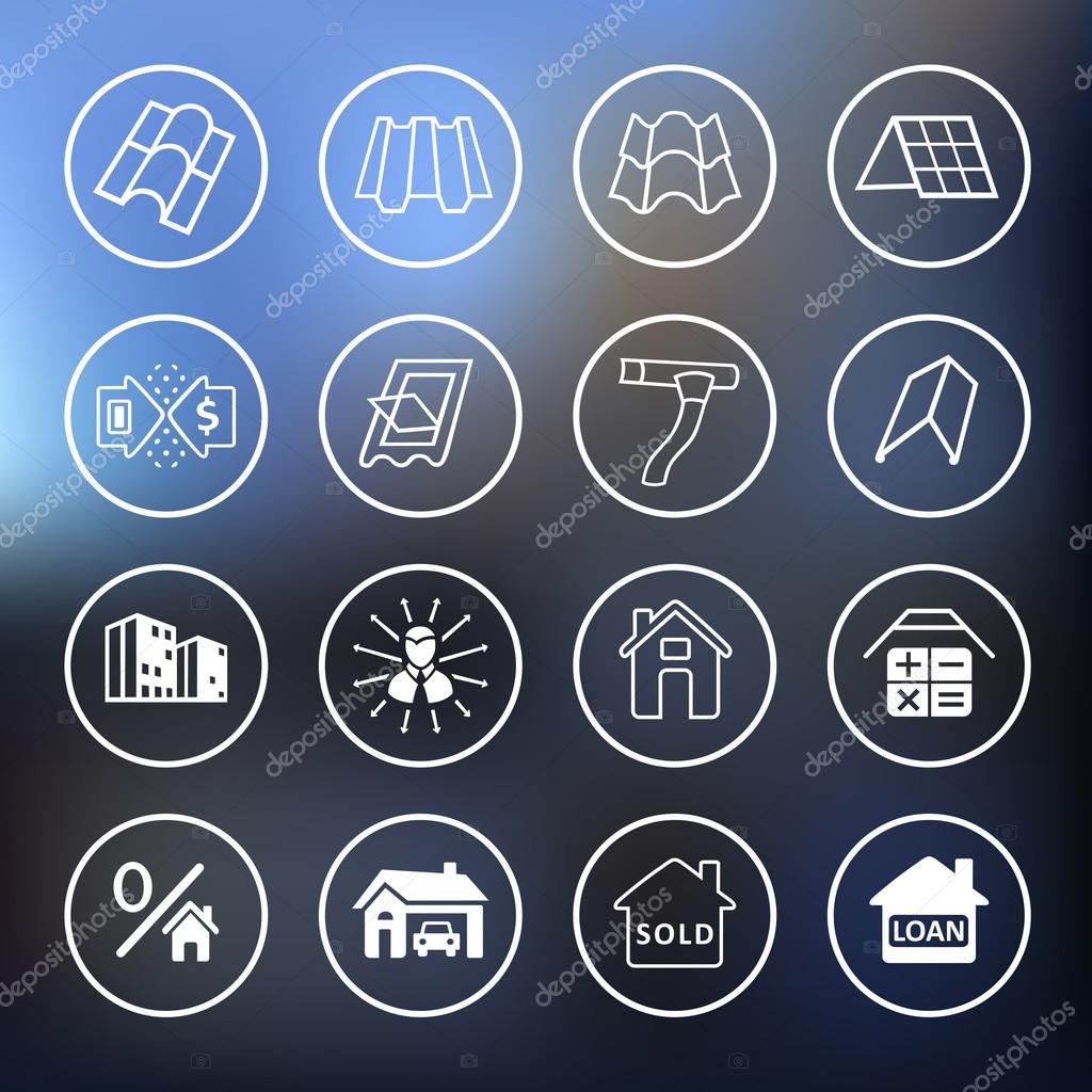 Sale buildings materials (roof, facade) site icons set isolated on blurred background, vector illustration