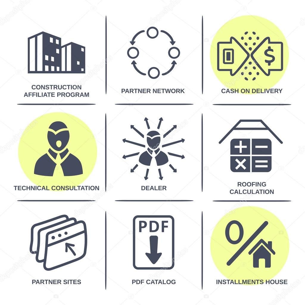 Sale buildings materials (roof, facade) site icons infographics set isolated on white background, vector illustration