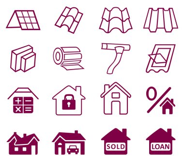 Satılık binalar malzemeleri (çatı, cephe) Icons set site