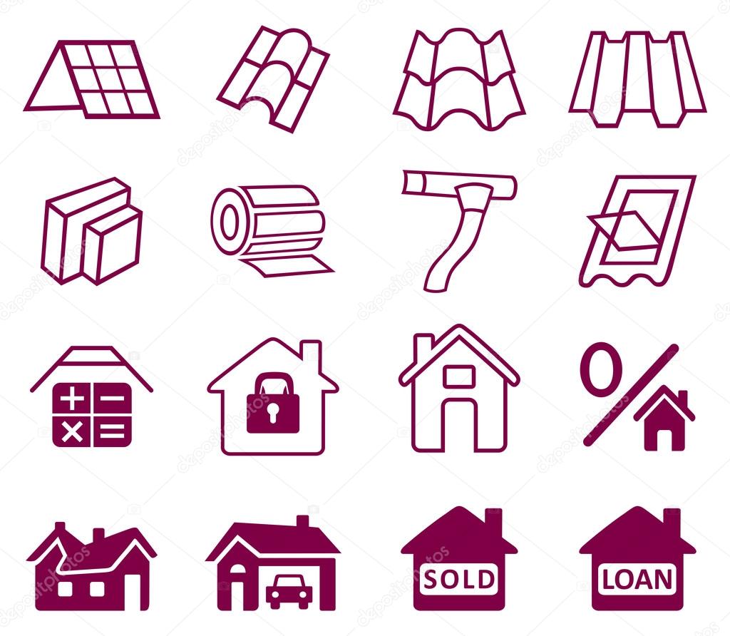 Sale buildings materials (roof, facade) site icons set