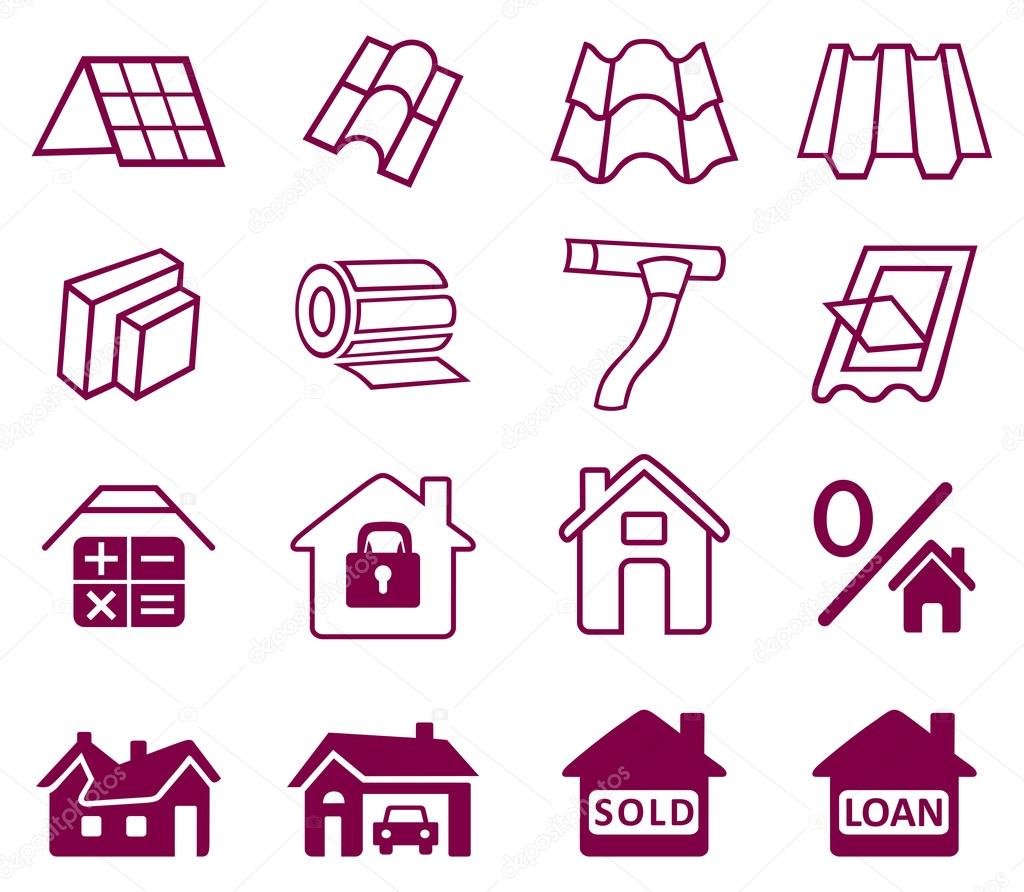Sale buildings materials (roof, facade) site icons set isolated on white background, vector illustration