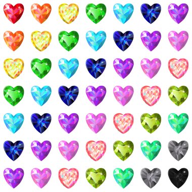 Seamless texture of colored heart cut gems isolated on white bac clipart