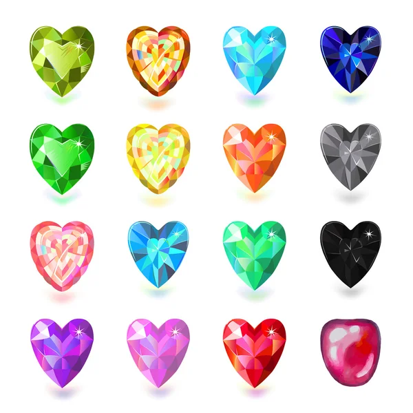 Colored heart cut gems isolated on white background — Stock Vector