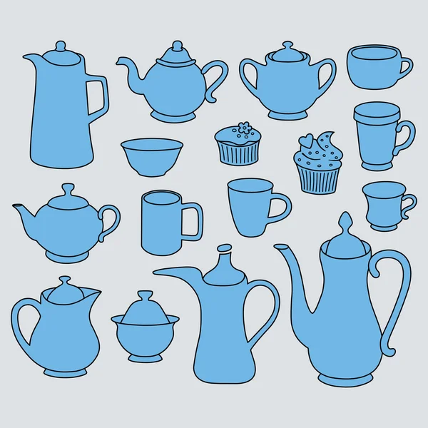 Simple coffee tea crockery silhouette set — Stock Vector