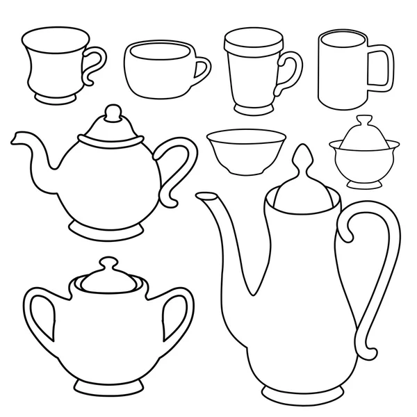 Set de silueta de vajilla de té de café simple — Vector de stock