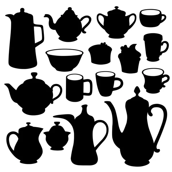 Simple coffee tea crockery silhouette set — Stock Vector