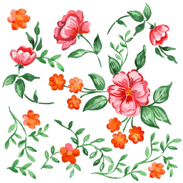 Handpainted watercolor vector flowers and leaves set — Stock Vector