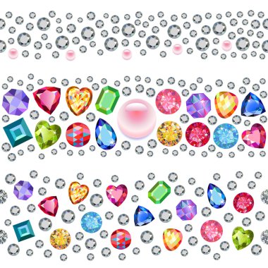 Seamless scattered gems, rhinestones isolated on white backgroun clipart