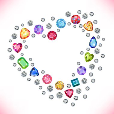 Colored gems heart shape frame isolated on light background clipart