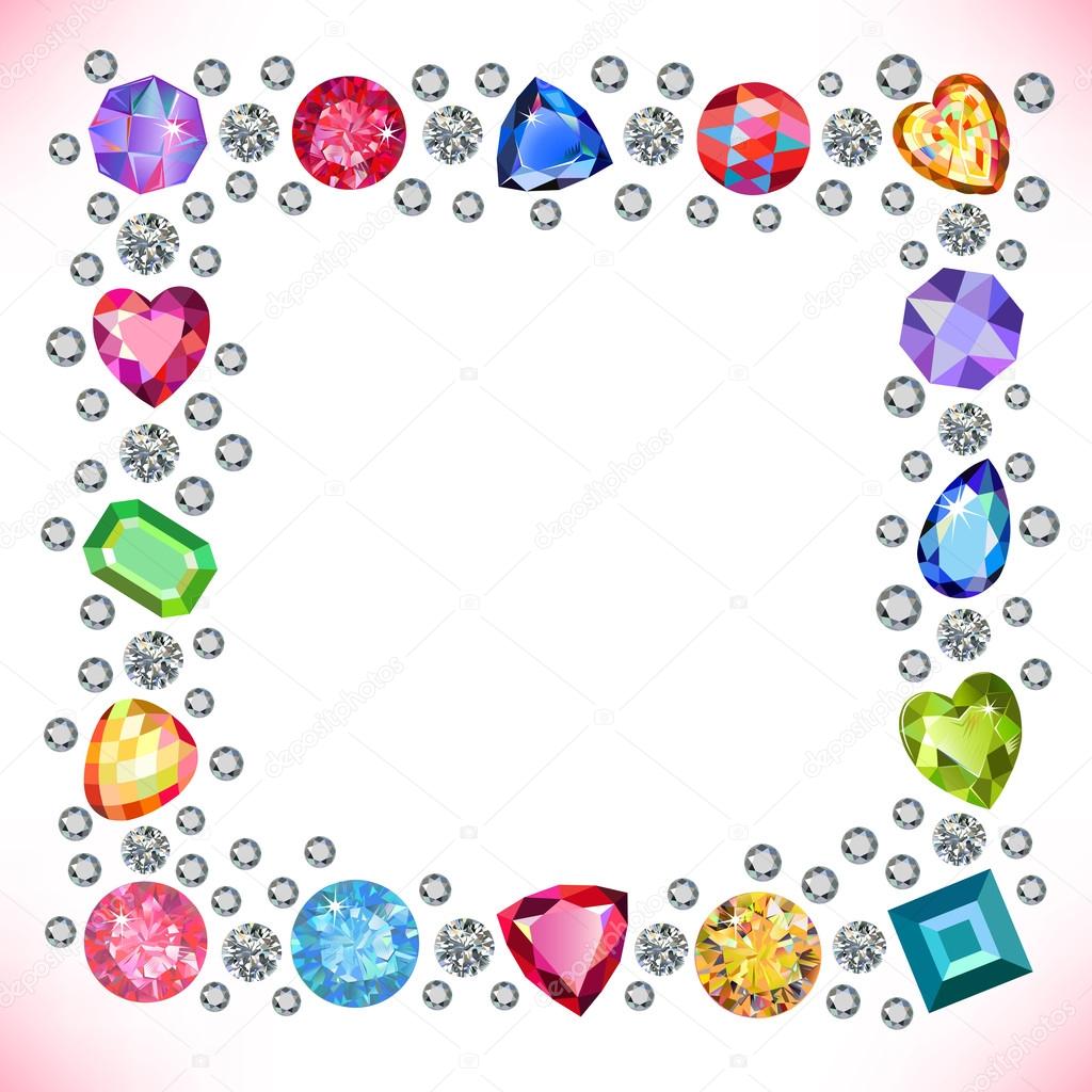 Colored gems square shape frame isolated on light background