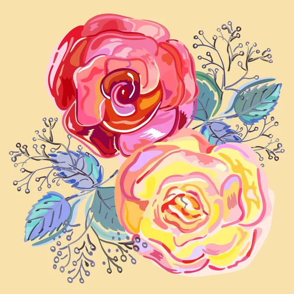 Rosas rojas rosadas melocotón pequeño ramo — Vector de stock