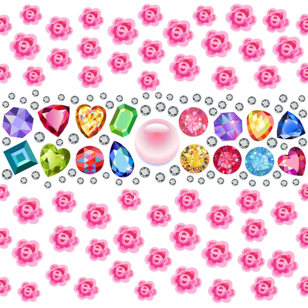 Seamless scattered gems, rhinestones, pearls & roses isolated on — Stock Vector