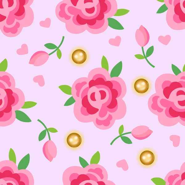 Ροζ τριαντάφυλλα & μαργαριτάρια χρυσού ομοιογενές φόντο — Διανυσματικό Αρχείο