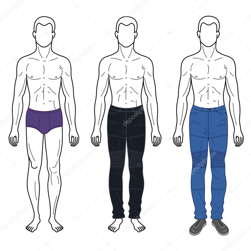 Moda uomo modello delineato figura intera frontale figura sagoma in jeans & mutande breve illustrazione vettoriale isolato su sfondo bianco — Vettoriali di