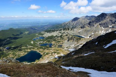 Dağ doruklarına ve mavi gökyüzü