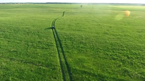 Vista aérea del coche todoterreno moviéndose por carretera en campos verdes — Vídeo de stock