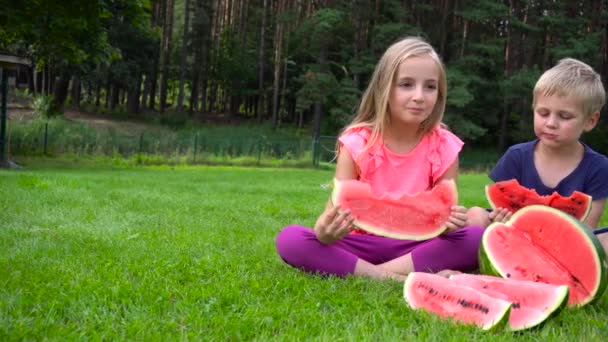Дети едят арбузы на открытом воздухе — стоковое видео