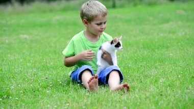Çocuk yavru kedi ile oynarken