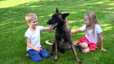 iki çocuk açık havada köpekle oynamayı