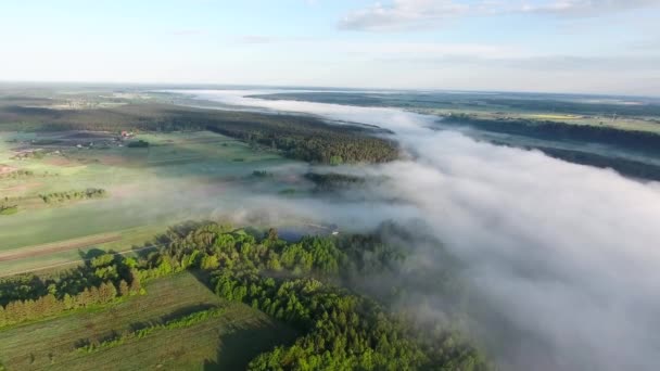 Vliegen boven Systembolaget met mist — Stockvideo