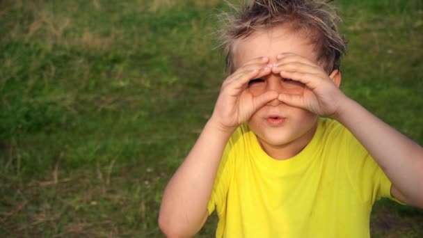 Liten pojke spelar i fältet — Stockvideo