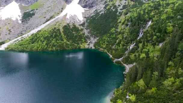 Красивое горное озеро с водопадами — стоковое видео
