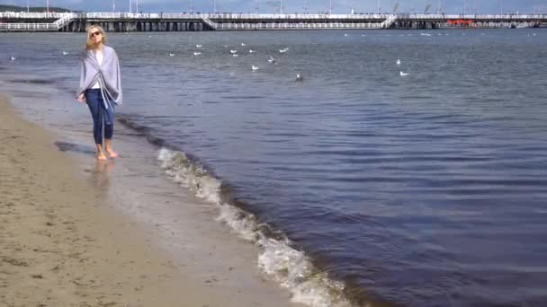 Jonge vrouw wandelen op het strand — Stockvideo