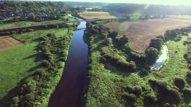 Luchtfoto Systembolaget van rivier in groene weiden — Stockvideo