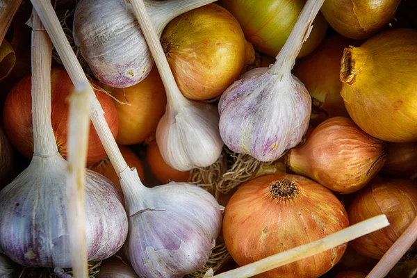 Stapel uien en knoflook — Stockfoto