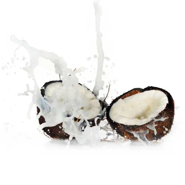 Cracked coconut with milky splash — Stock Photo, Image