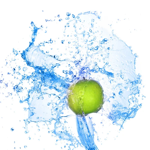 Green apple in splash — Stock Photo, Image