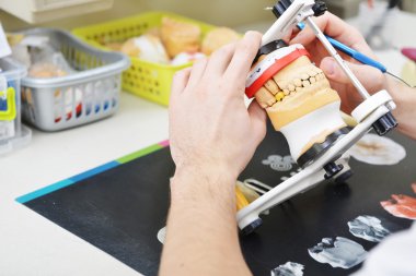 Diş teknisyeni takma diş üzerinde çalışma