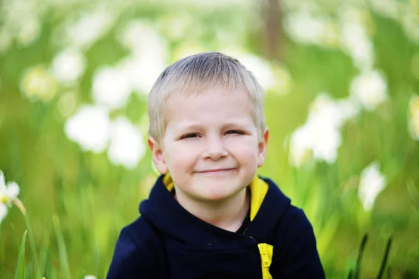 Jongen in de buurt van veld van narcissen — Stockfoto