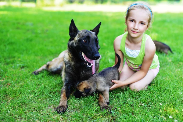 Kız köpekle oynuyor. — Stok fotoğraf