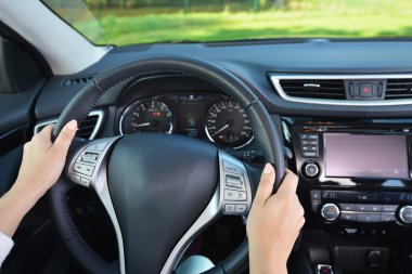 female hands on steering wheel clipart