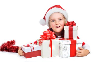 hediyeler ile Noel Baba şapkalı kız