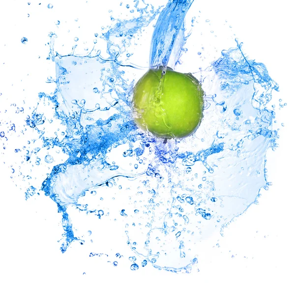 Green apple in splash of water — Stock Photo, Image