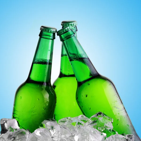 Groene flessen op ijs — Stockfoto