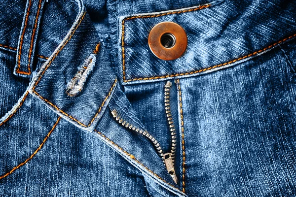 Zipper on blue jeans — Stock Photo, Image